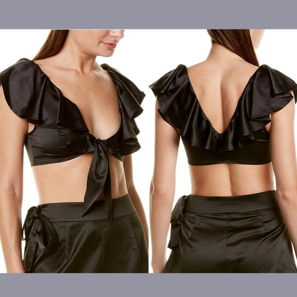 NWT WeWoreWhat [ Small ] Front Tie Cropped Ruffle Top‎ in Satin Black